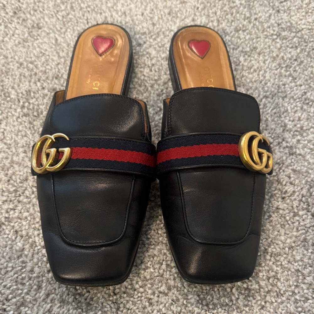 Gucci Black Leather slides mules navy& red  stripe sz 38